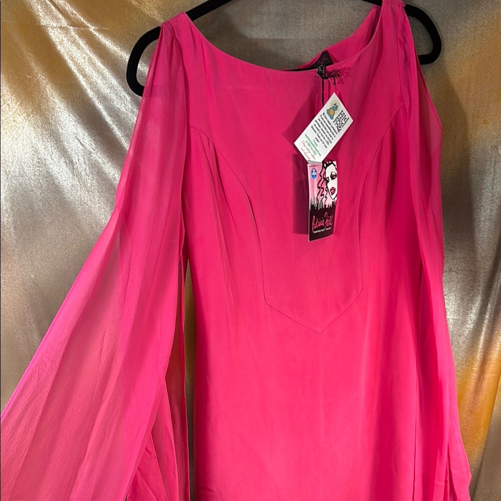 Silk Patricia Fields Hot Pink shift Dress long chiffon split sleeves E1 NWT